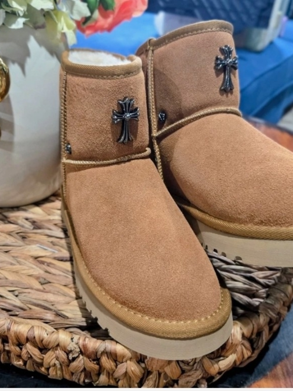 NEW Gothic Cross Luxury Inspired Faux Fur Boots - Chrome Detail - Size 6.5